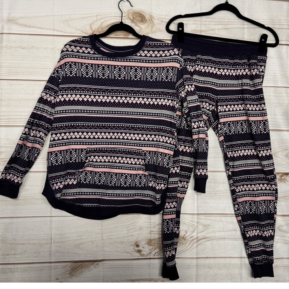 Cuddl Duds Pajama‎ Set Womens SM Navy Pink Fair Isle Loungewear 2 Piece
